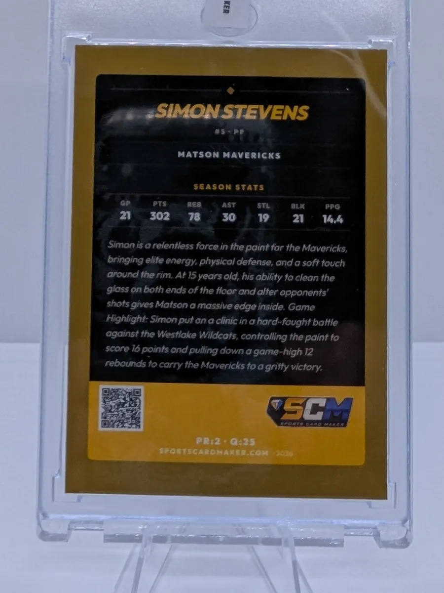 Simon Stevens card back with stats and story