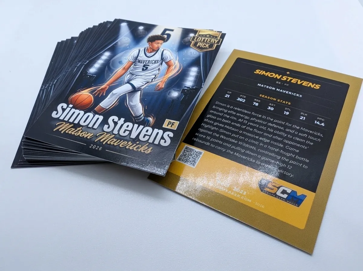A stack of printed Sports Card Maker trading cards