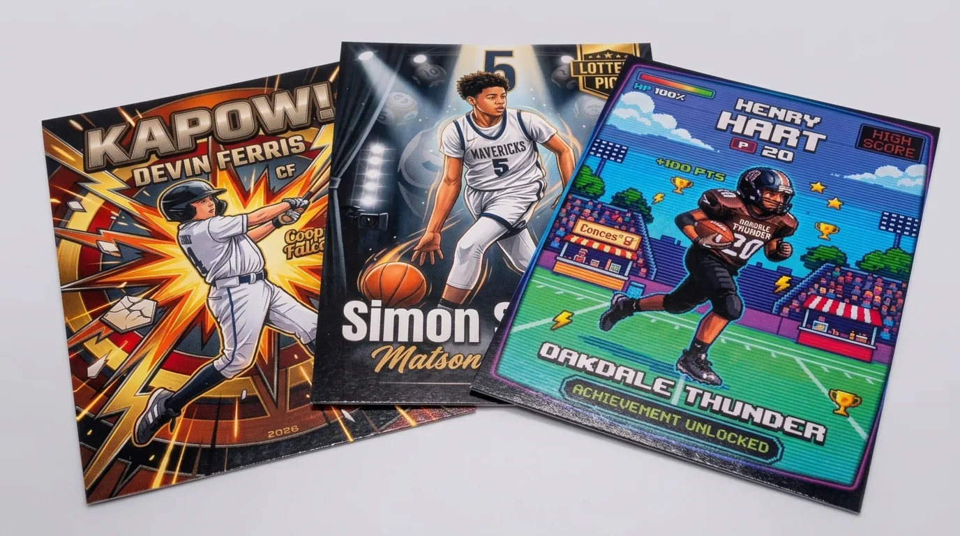 Three printed trading cards fanned out