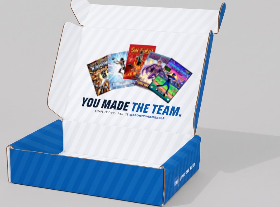 Open Sports Card Maker mailer box, blue outside, with You made the team printed inside the lid