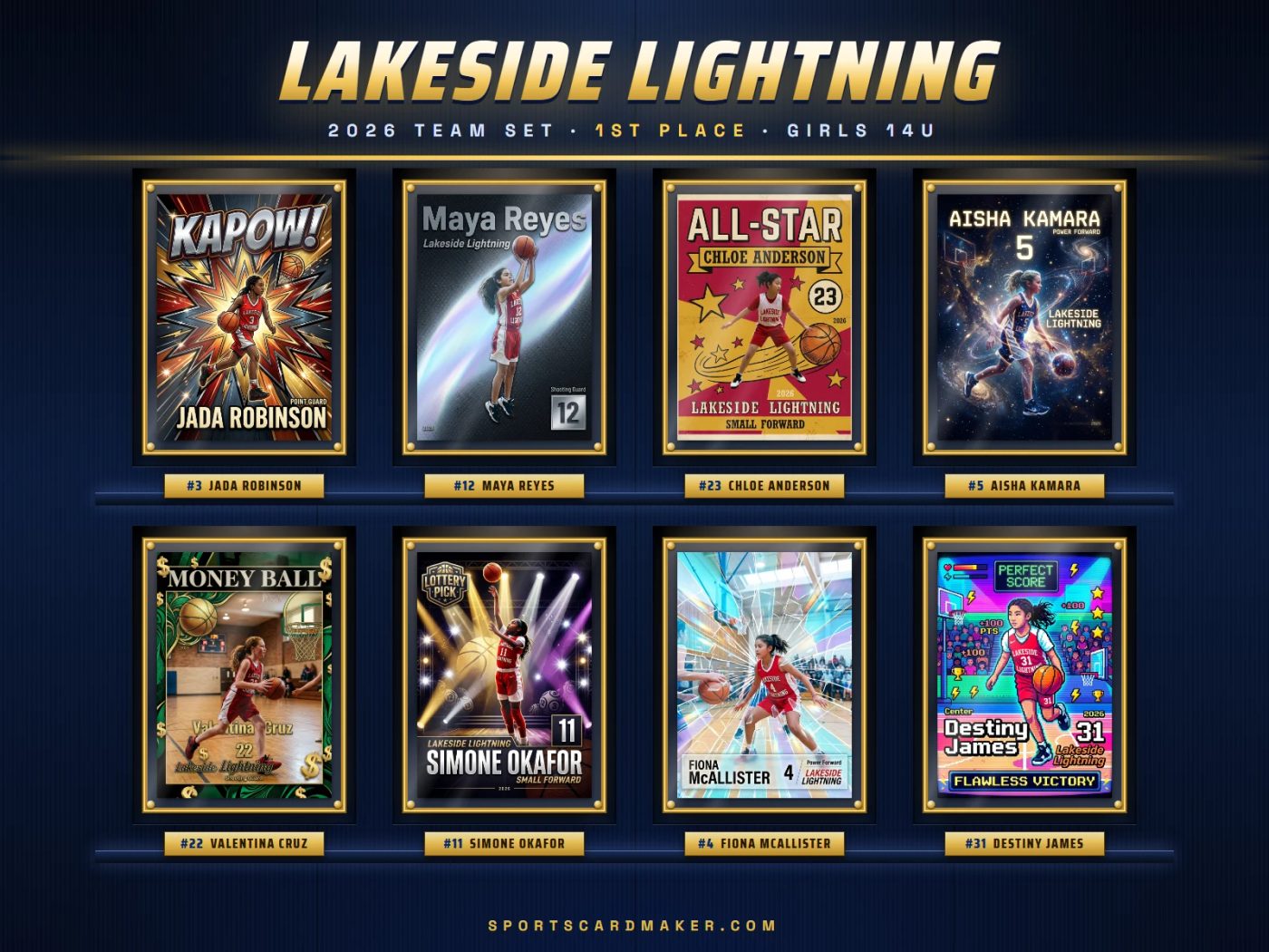 Sample basketball team poster with eight custom player cards under the team name