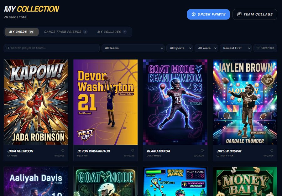 The My Cards collection page with search, team, sport and year filters and a grid of player cards