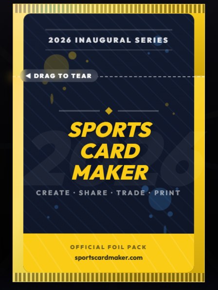 A sealed Sports Card Maker 2026 Inaugural Series foil pack with a drag-to-tear prompt