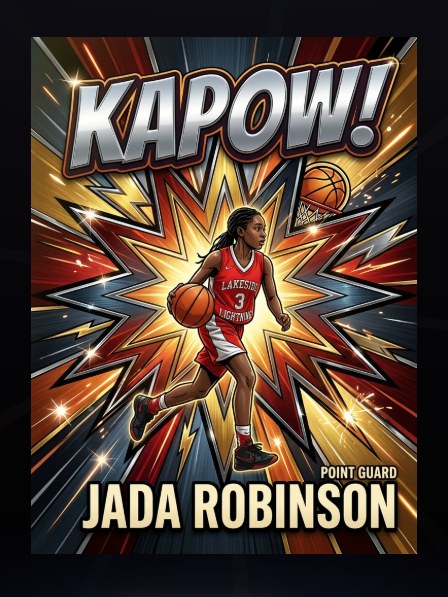 A KAPOW-style basketball card revealed from the pack