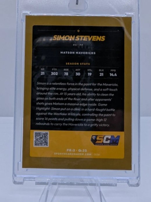 The same card's back with season stats, player bio and a QR code