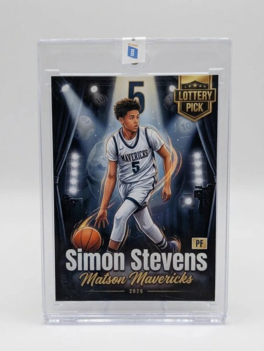 A real printed card, front, in a magnetic display case